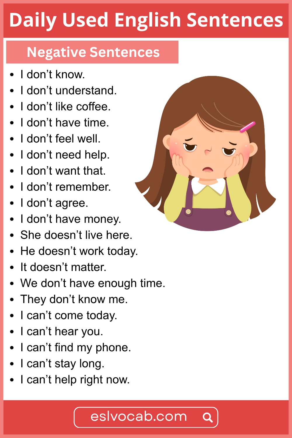 Negative English Sentences for Daily Conversations
