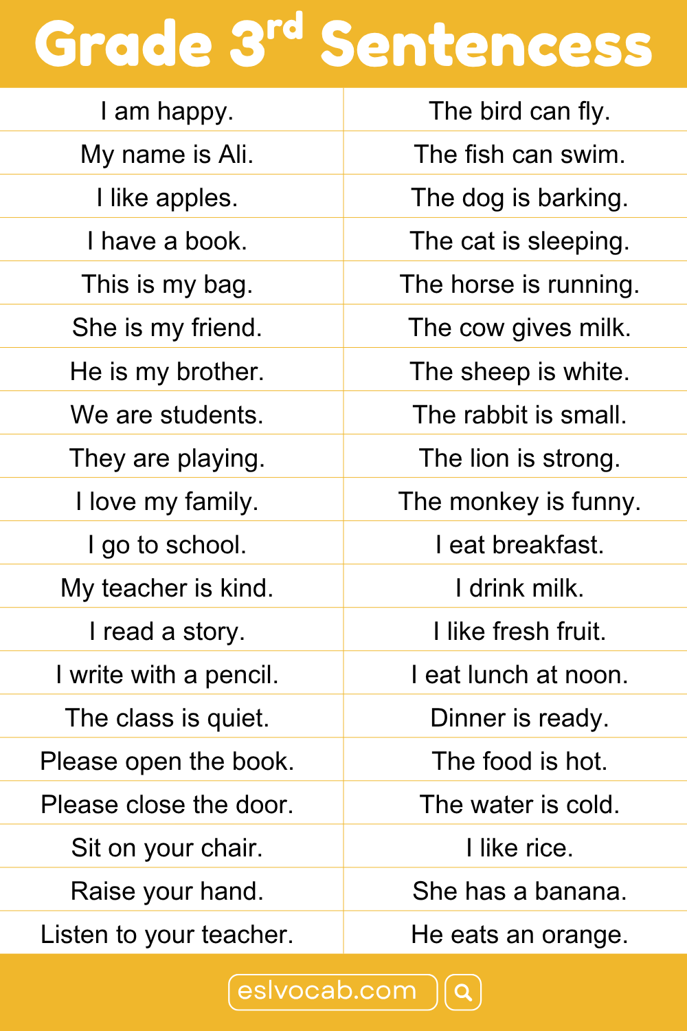 100 Basic Sentences for 3rd Graders for Students