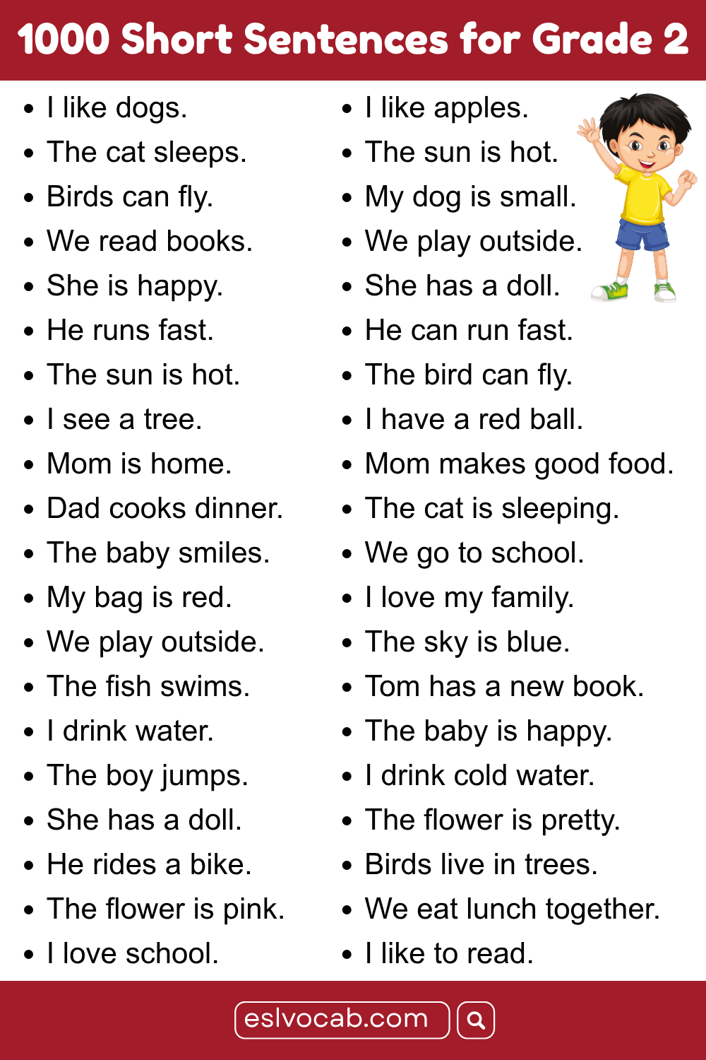 20 Short Sentences for Grade 2