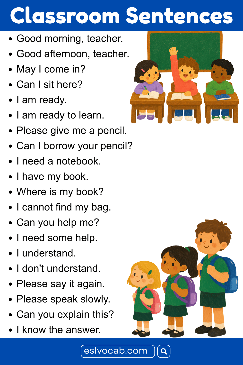 Basic Classroom Sentences for Students in English