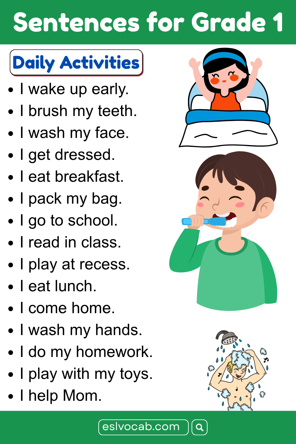 Daily Activities Sentences in English for Kids
