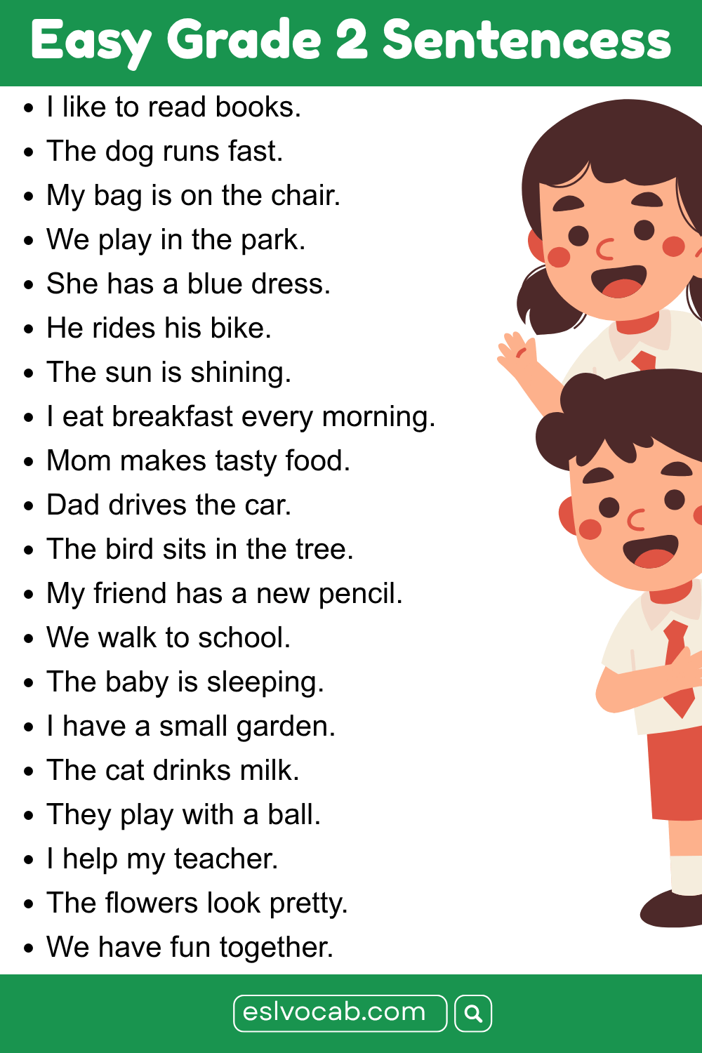 Easy Grade 2 Sentences for Beginner with Pictures