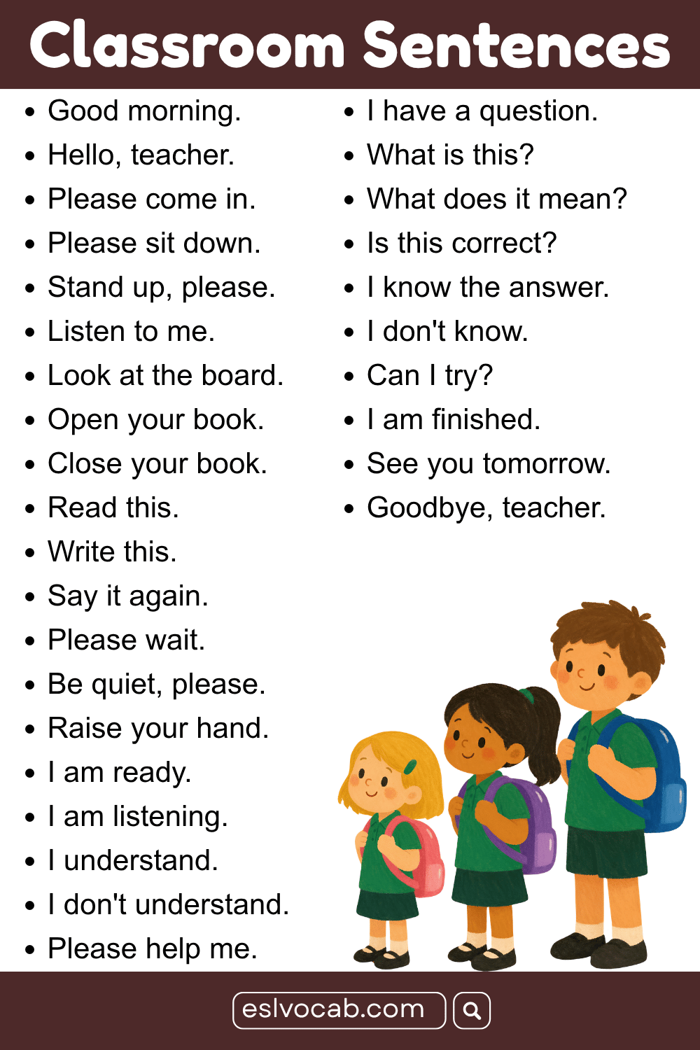 Short English Sentences for Classroom at School